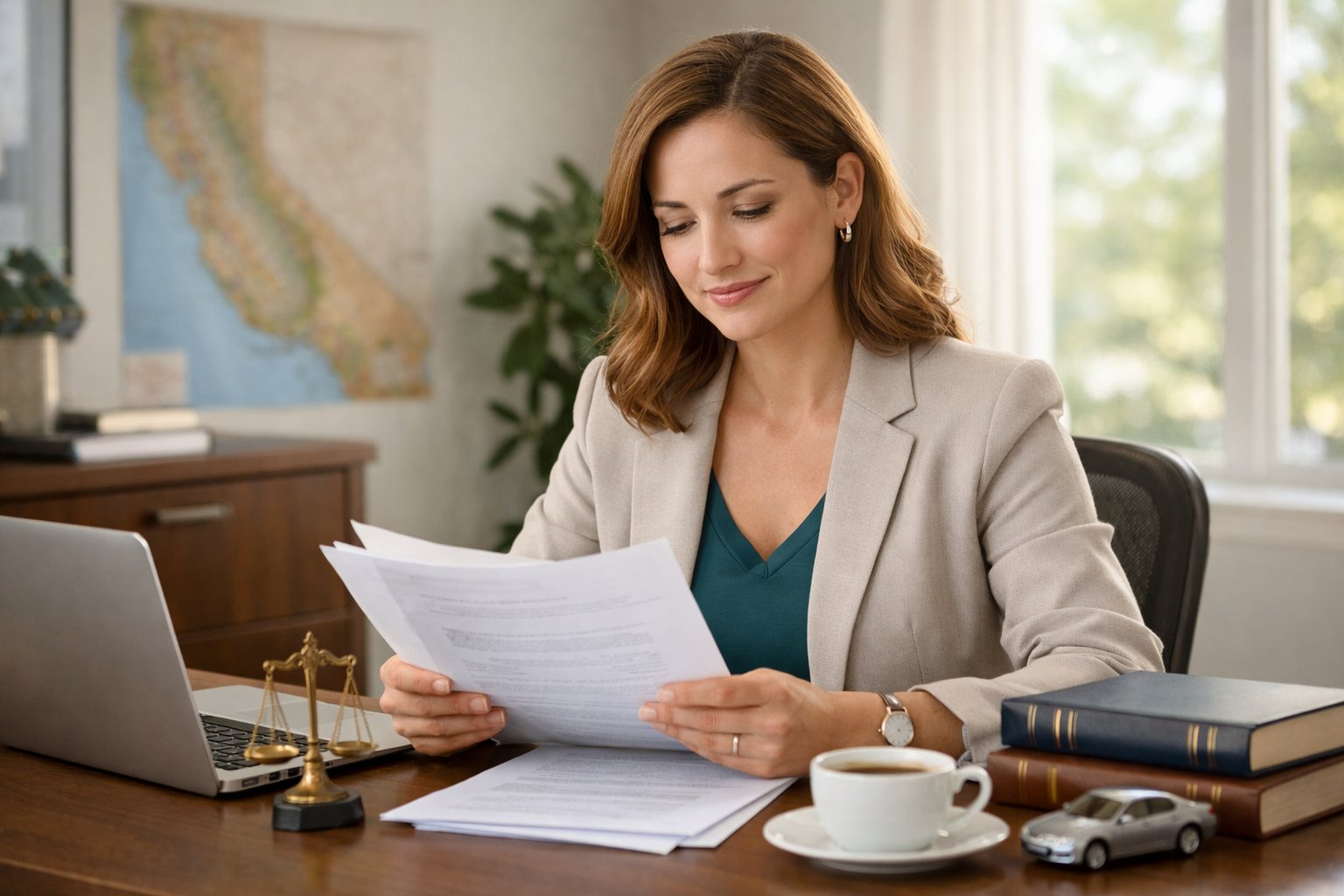 A woman sitting at a desk reviewing documents with a laptop and legal books in a bright office.