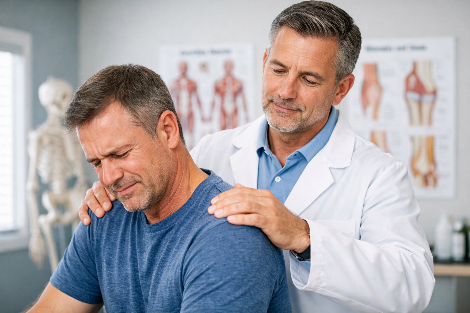 A healthcare professional examining a patient's shoulder in a medical office.