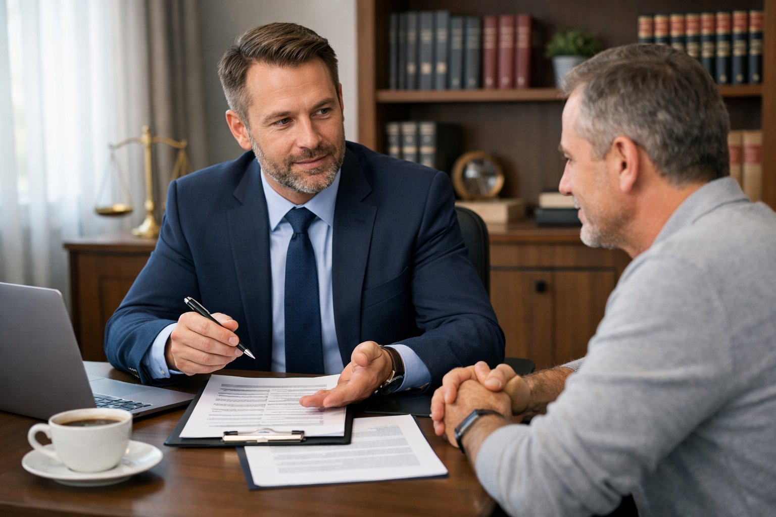 A lawyer consulting with a client in an office, discussing legal matters related to injury compensation.