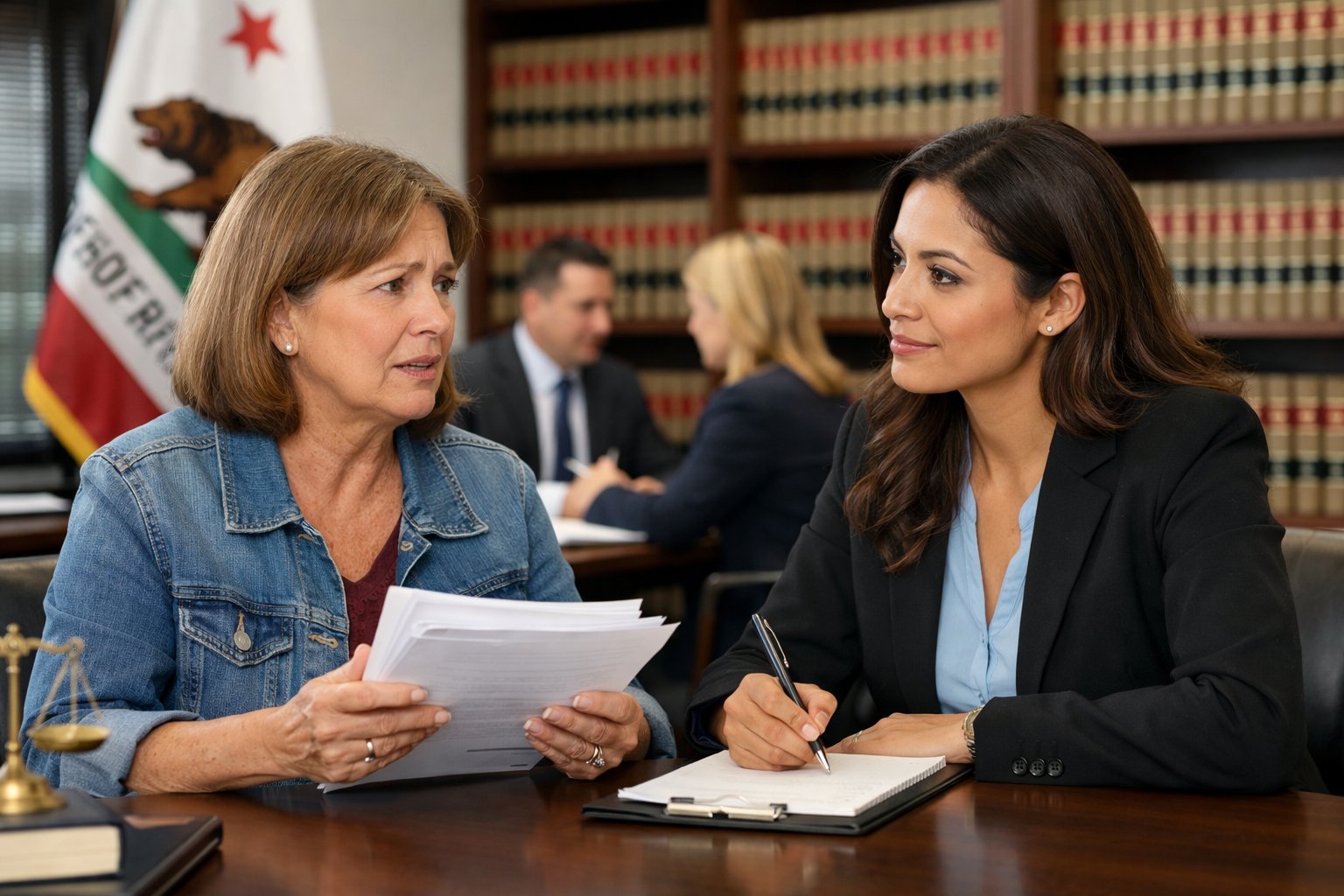 A tenant consulting with a lawyer in an office, discussing legal documents with the California state flag visible in the background.
