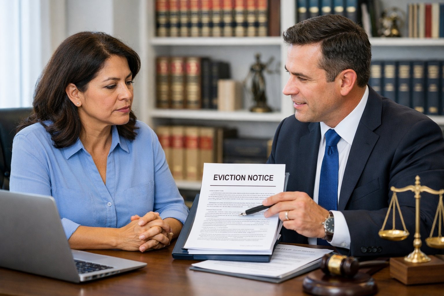 A woman consulting with a lawyer in an office, reviewing legal documents together.