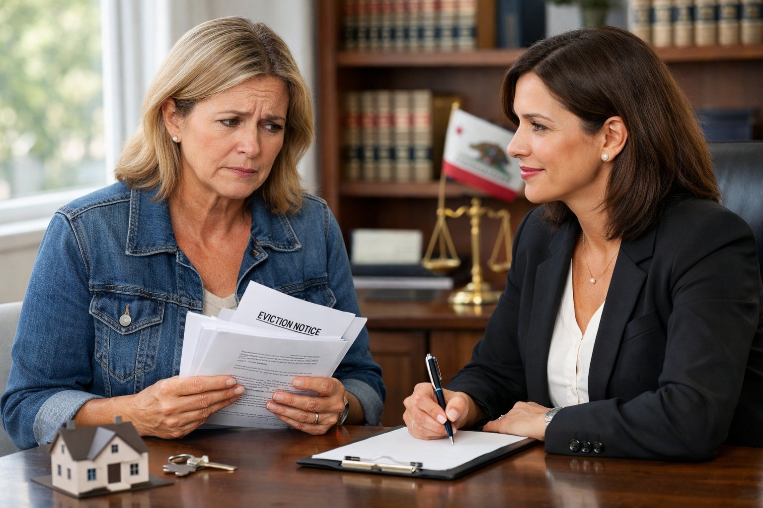 A worried woman consulting with a lawyer in an office, holding documents.