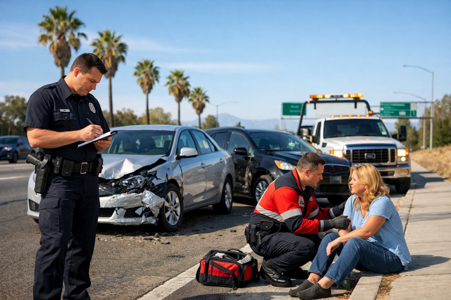 Two cars involved in a minor accident on a California highway with emergency responders assisting people at the scene.