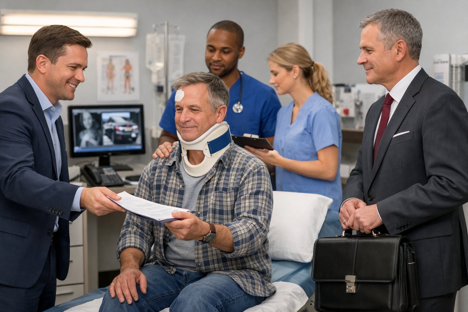 Medical professionals attending to a patient with a neck brace in a modern office while an insurance agent and lawyer stand nearby offering assistance.