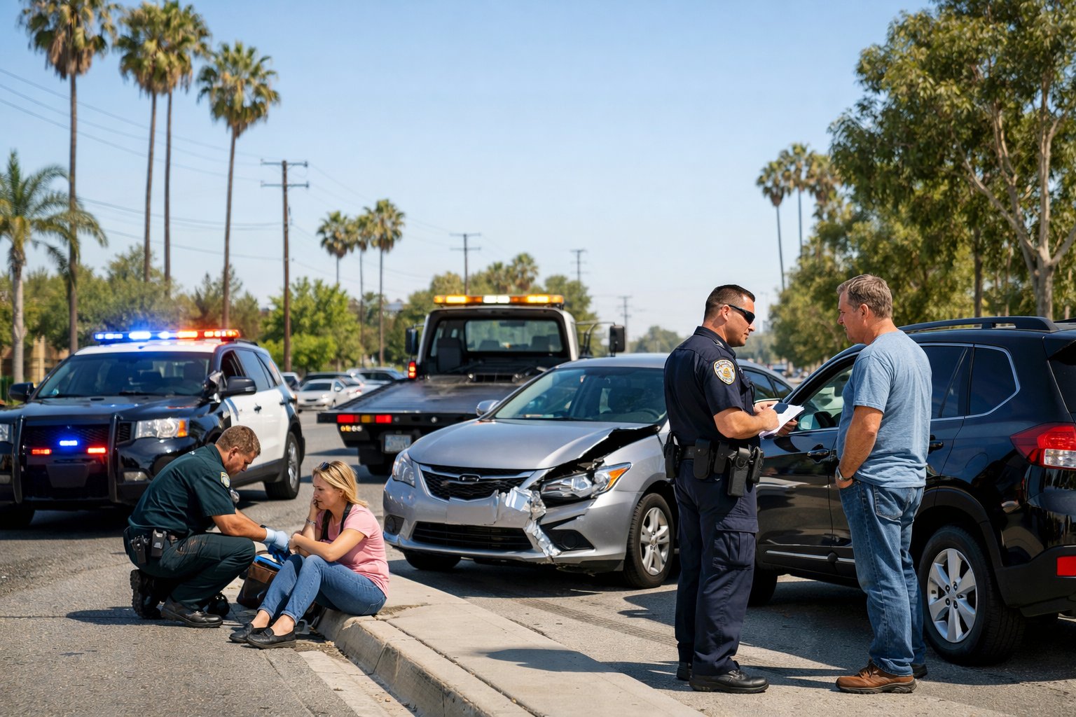 Emergency responders assist people near two damaged cars on a sunny California street shortly after an accident.