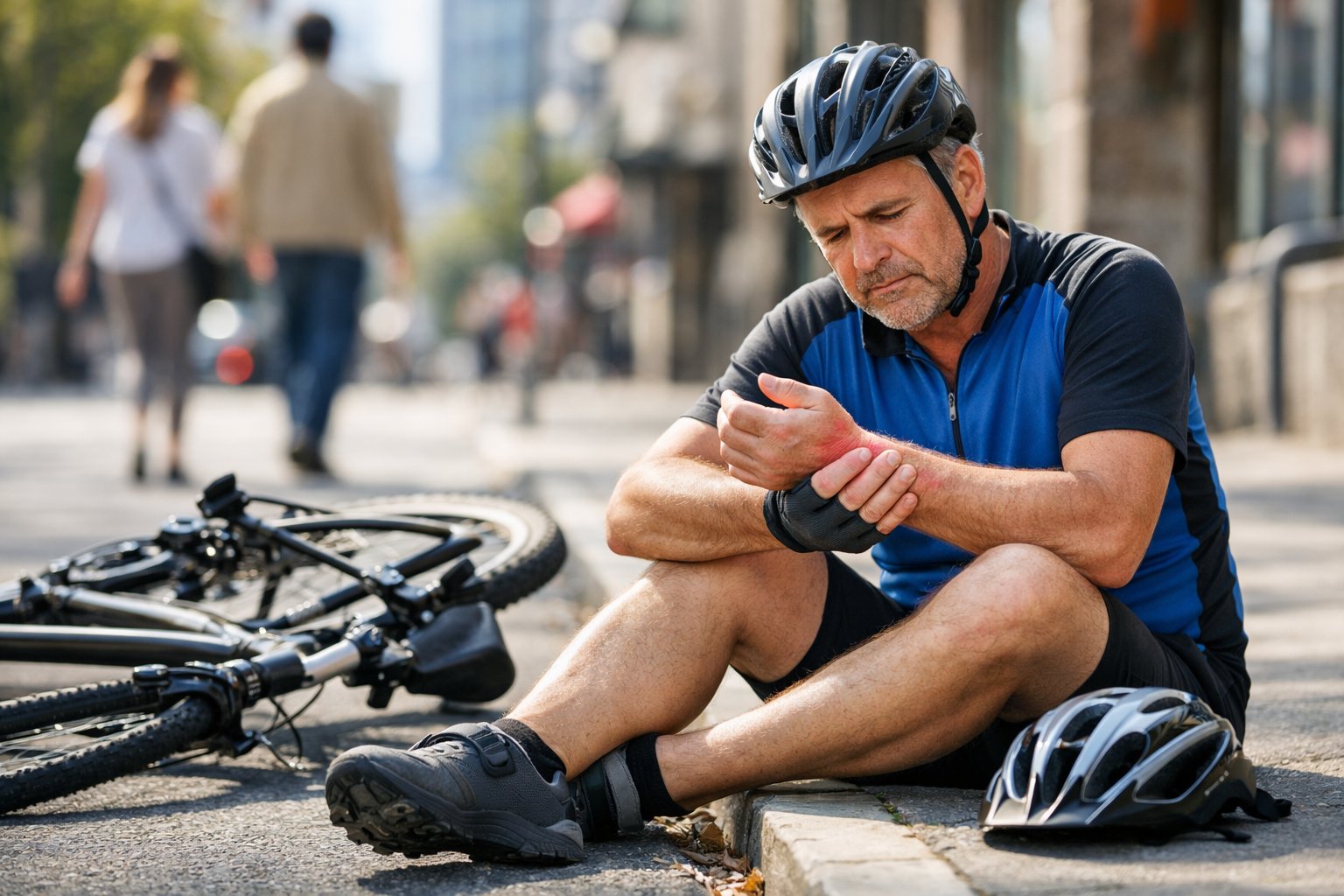 A man sitting on the sidewalk beside his fallen bicycle, holding his wrist with a concerned expression after a minor accident.