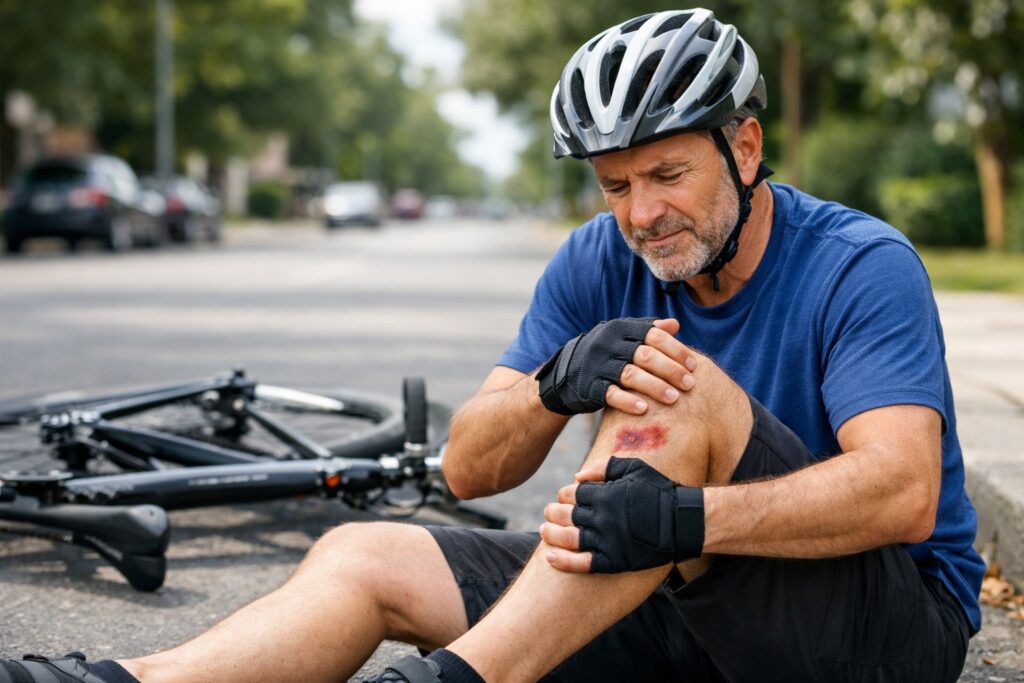 A cyclist sitting on the side of a road holding their wrist and knee, next to a fallen bicycle.