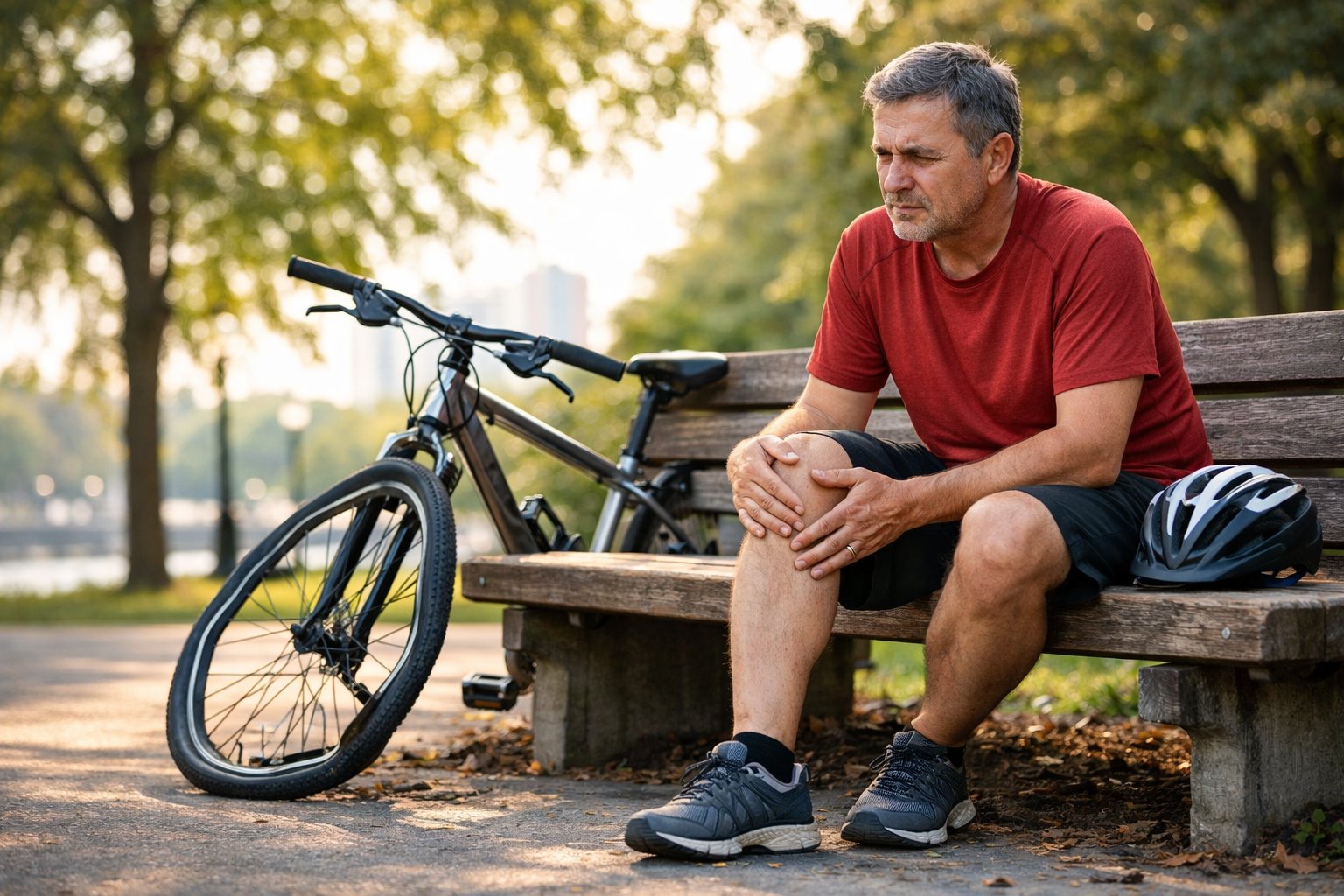 A cyclist sitting on a park bench holding their knee in pain next to a bicycle with a bent wheel.