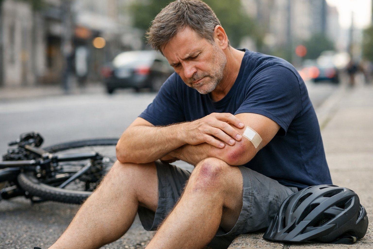 A man sitting on the sidewalk next to his bicycle, holding his arm with a pained expression, showing minor injuries.