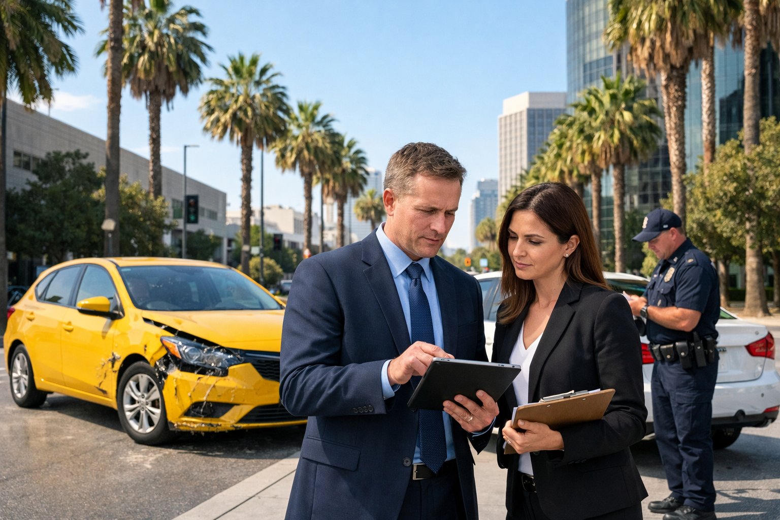 Two professionals reviewing documents near two cars with minor damage on a sunny California street while a police officer takes notes nearby.