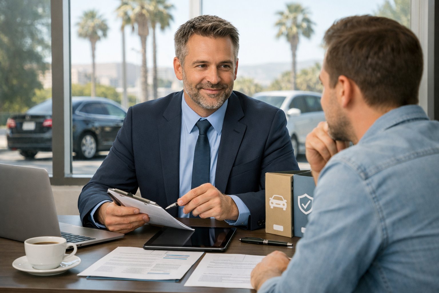 An insurance agent and a client discussing documents at an office desk with a view of California city and rideshare cars outside.