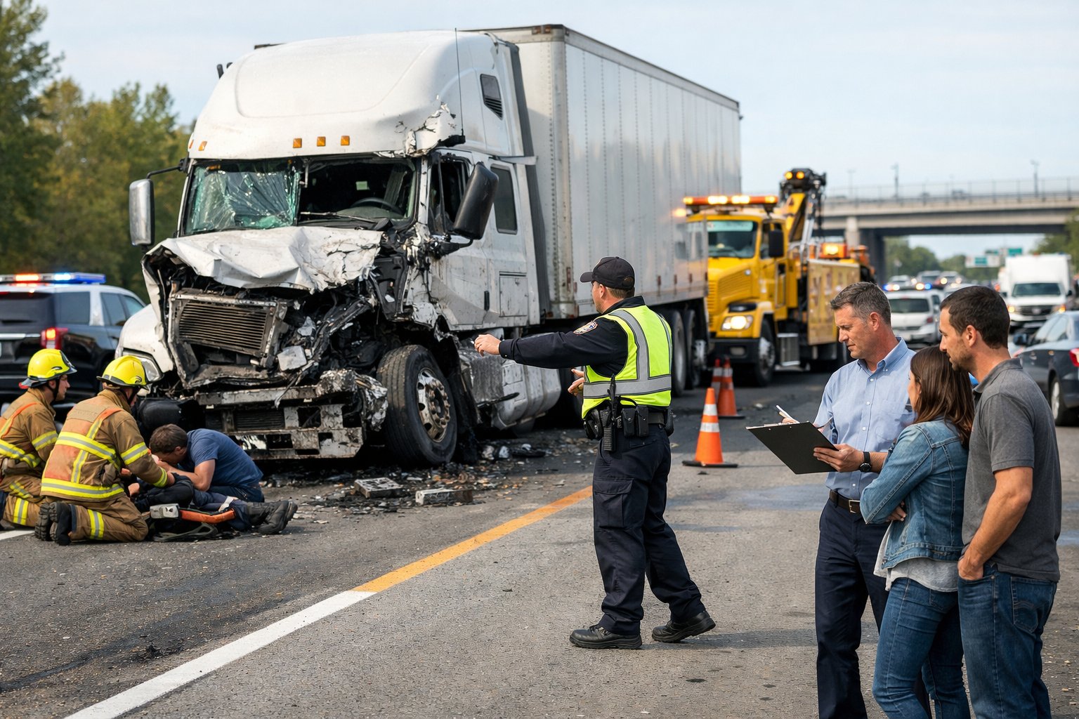 Emergency responders and police at the scene of a damaged semi-truck crash on a highway, with a tow truck and people talking nearby.