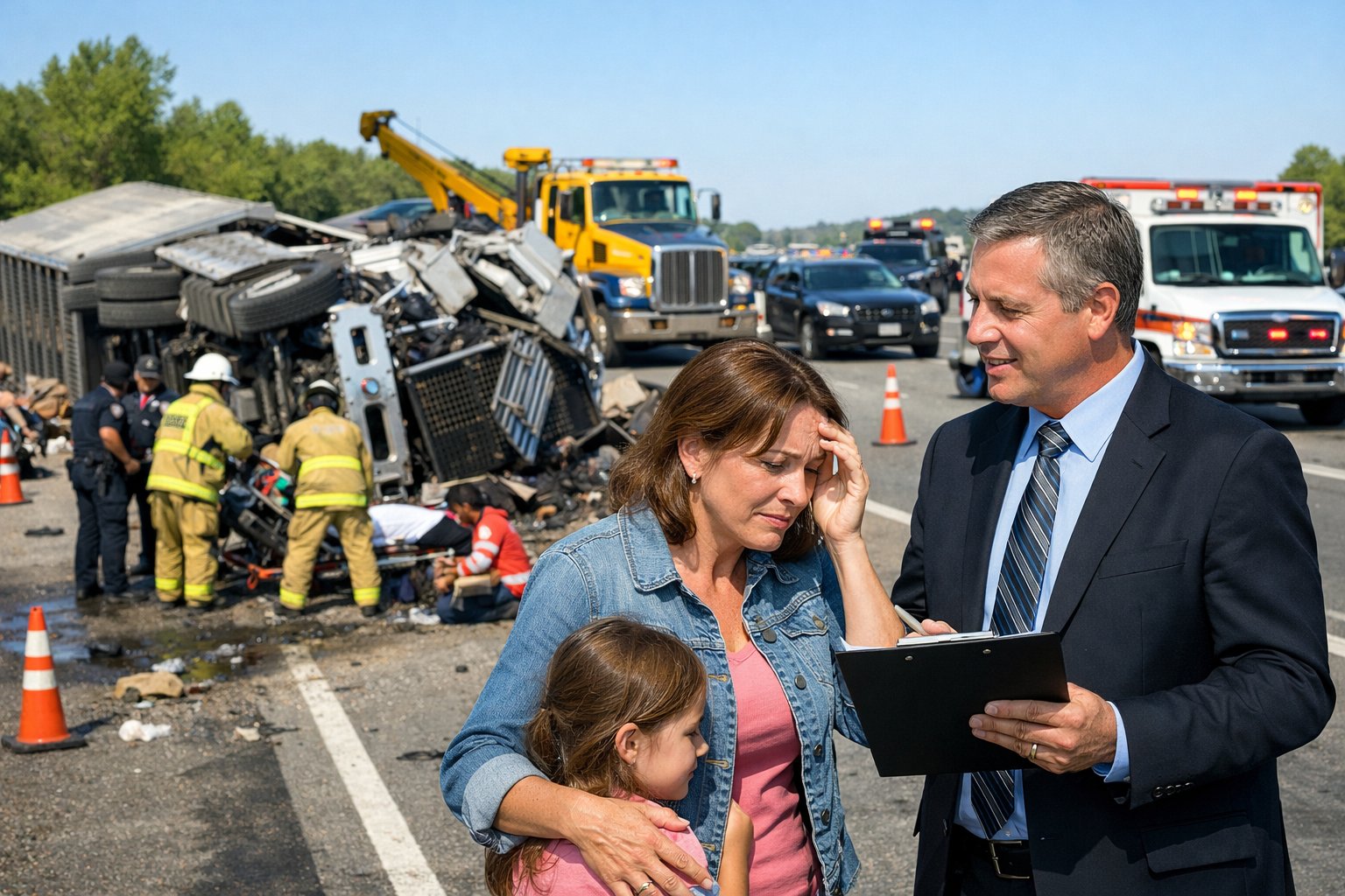 Emergency responders at the scene of a serious truck crash with a damaged overturned semi-truck and people assisting nearby.