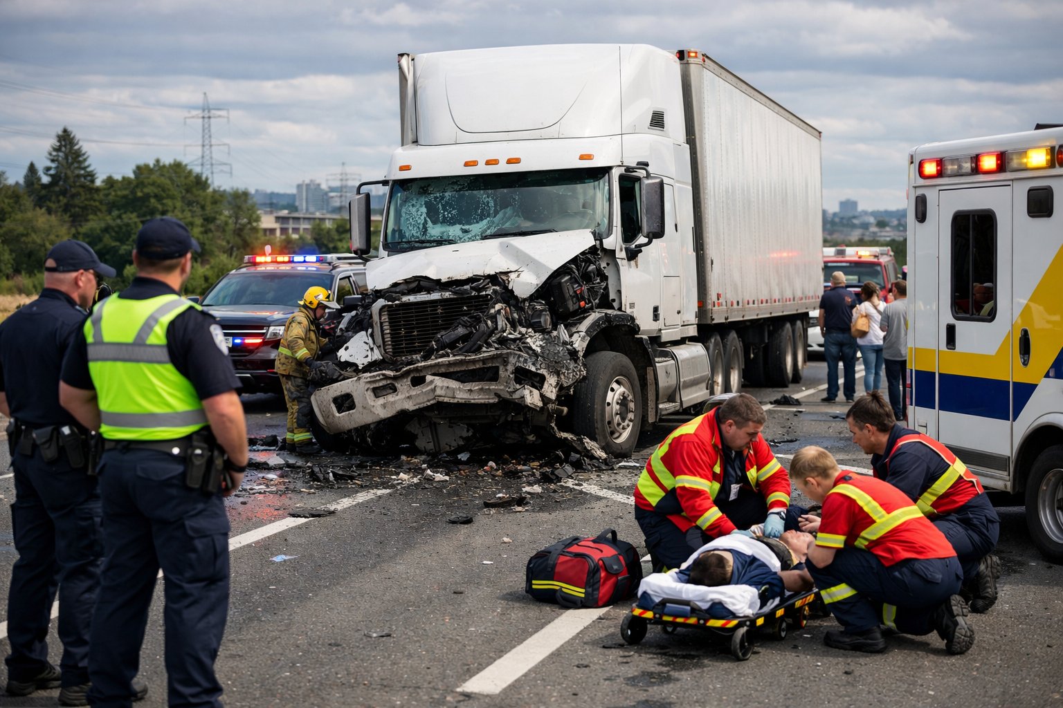 A damaged semi-truck at the scene of an accident with emergency responders and bystanders nearby on a highway.